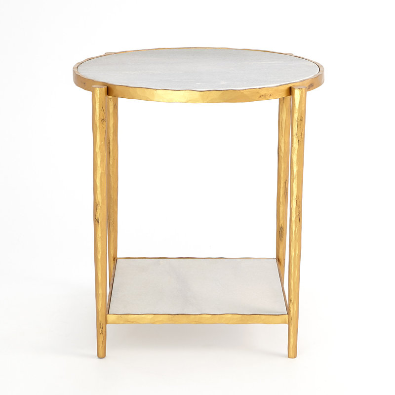 24" Round White Marble and Gold Metal Side Table