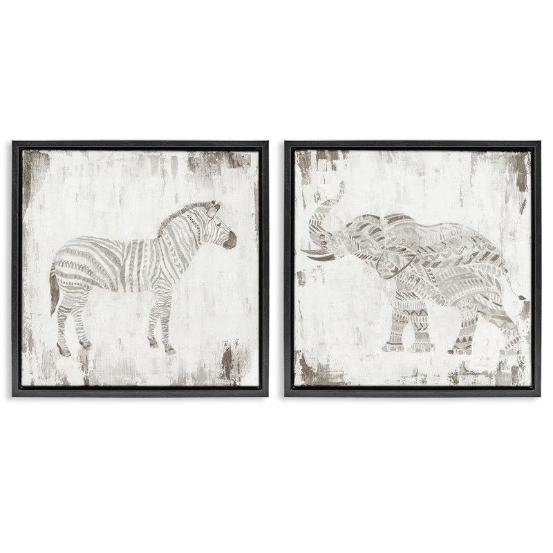 Ensemble de 2 toiles flottantes encadrées Zebra & Elephant Boho Stripes, design par Janet Tava, Cadre flottant noir de jais