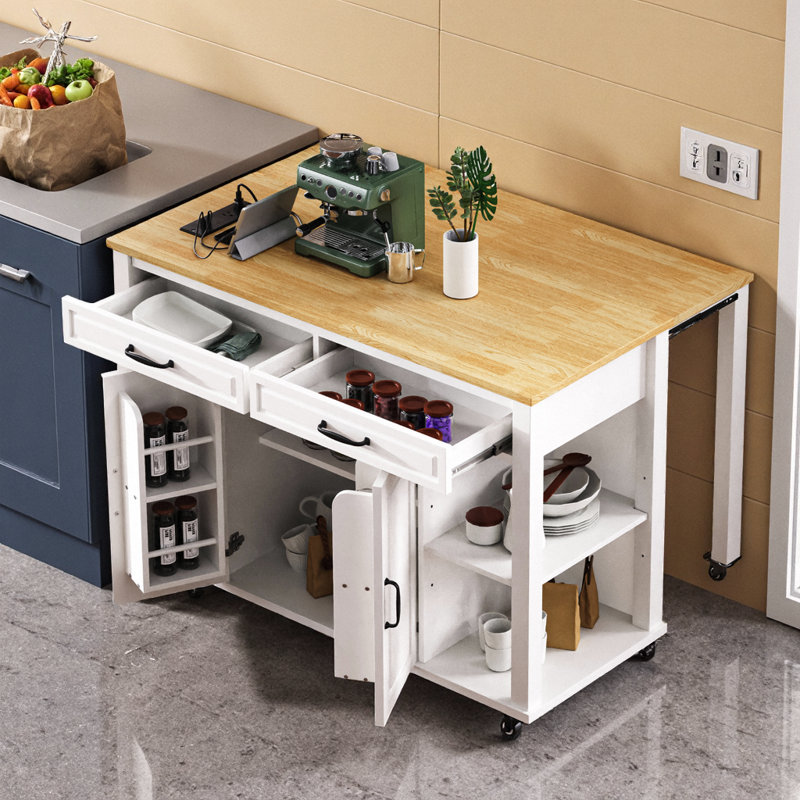 Îlot de cuisine gris bleu avec table de salle à manger extensible, rangement, prise de courant et roues, Blanc