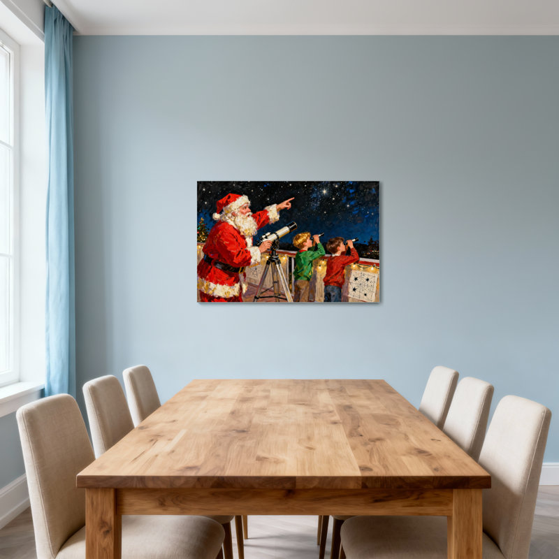 Le Père Noël observe les étoiles avec des enfants la nuit, H 20 po x l 30 po