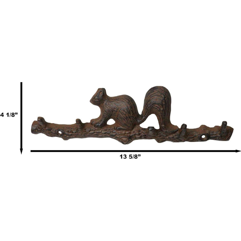 Rustic Cast Iron Playful Squirrel Perching On Tree Branch 4-Peg Wall Hooks Décor
