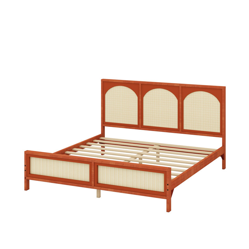 Lit plateforme avec tête et pied de lit en rotin, cadre de lit en rotin en bois de ferme avec pieds en bois, cadre de lit rétro