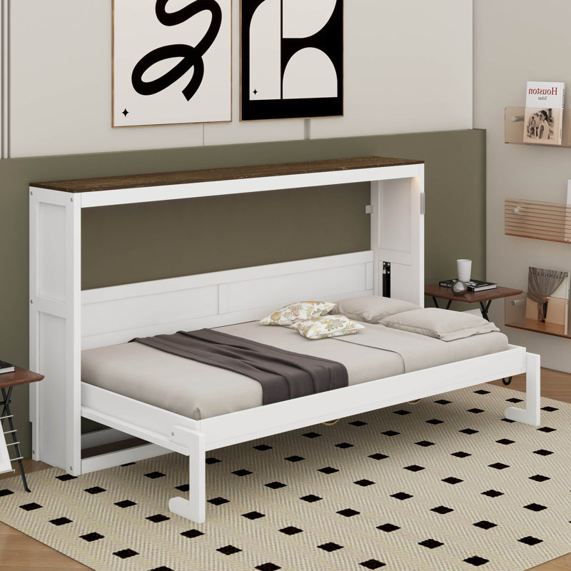 Lit escamotable simple avec lumière DEL, peut être plié dans une armoire, Blanc / Brun