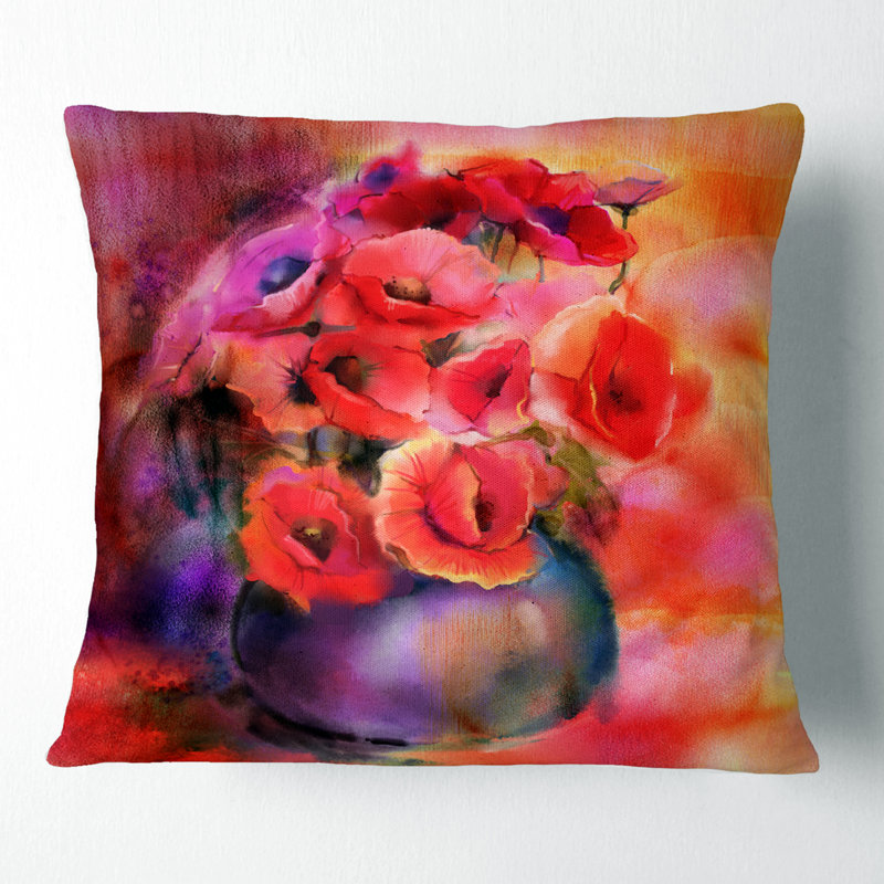 Bouquet de coquelicots mignons dans un vase - coussin à imprimé floral, 16 po x 1 po, Coussin décoratif