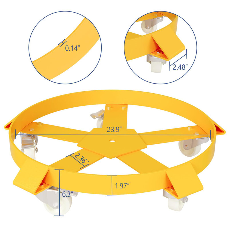 Chariot à roulettes 55 gallons, capacité 1000Lbs, H 6,3 po x l 26 po x P 26 po, Jaune