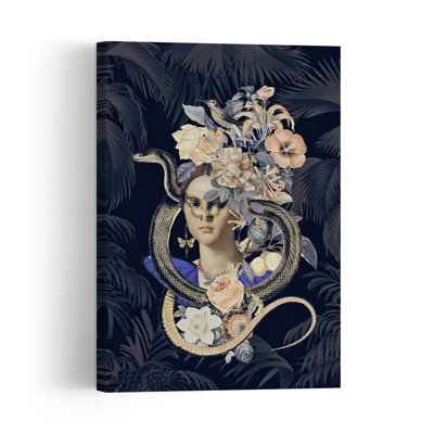 Tropical Woman And Snake Contemporary Butterfly Bird Snake Flower Nature Wall Art Print 1 Piece Wrapped Canvas Wall Art
