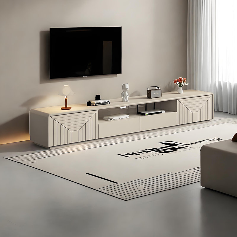 Meuble télé moderne de style crème, H 16,53 po x L 86,61 po x l 15,74 po