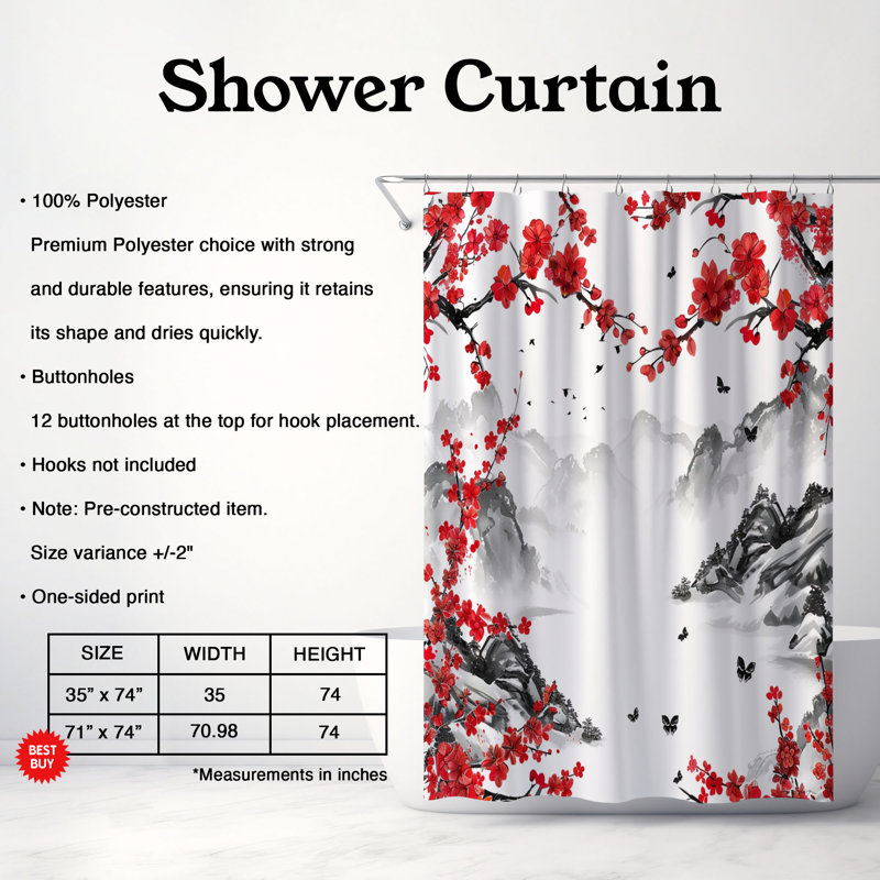 Rideau de douche standard japonais 1 pièce, H 74 po x l 71 po