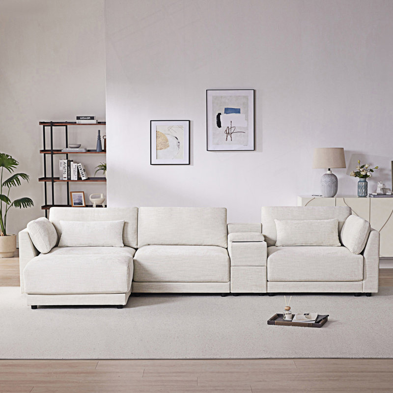 Modular Sectional Sofa With Storage Console And Movable Ottoman