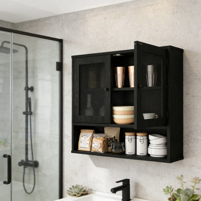 Armoire à pharmacie murale en rotin avec portes doubles, armoire de rangement flottante pour salle de bain, salle de lavage, cuisine et salon