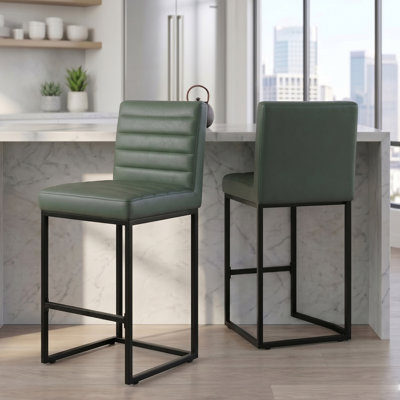 Ensemble de 2 tabourets de bar à hauteur de comptoir de 25,6 pouces avec coussin en polyuréthane et dossier, chaises de bar modernes pour îlot de cuisine avec pieds en métal pour restaurant, bureau, vert et noir