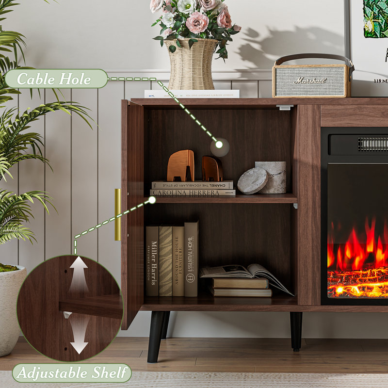Midcentury Modern TV Stand with 23-Inch Fireplace, Brown