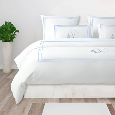 Monogram 400TC Cotton Classic Embroidery Sateen Solid Duvet Cover Set