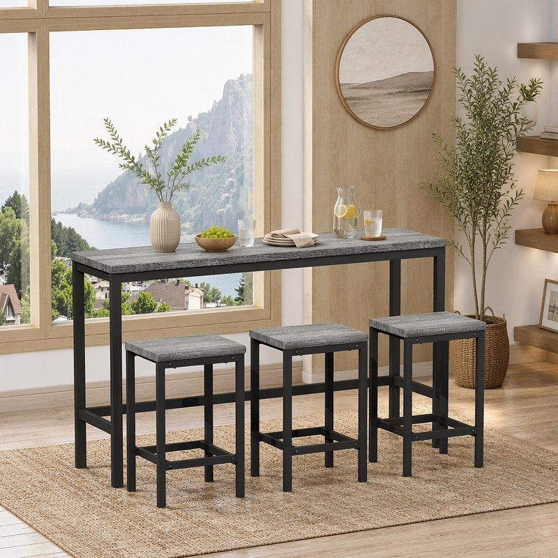 Table de salle à manger de cuisine moderne, table de pub, ensemble de table de salle à manger longue avec 3 tabourets, assemblage facile
