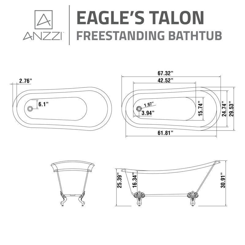 Diamante 67'' White Acrylic Clawfoot Slipper Bathtub