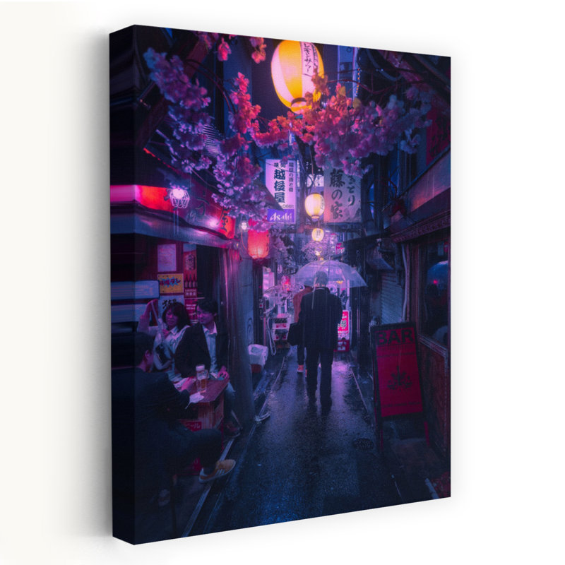 Japanese Alley Night Rain Contemporary Wall Art Print 1 Piece Wrapped Canvas Wall Art, 45.72cm H x 30.48cm W