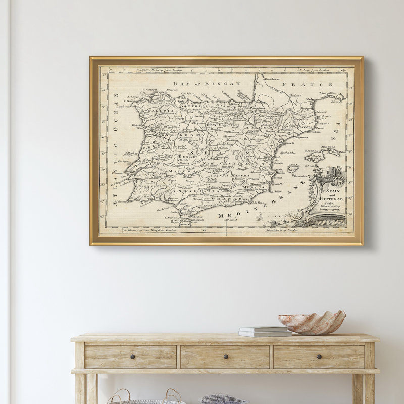 Carte de l’Espagne-impression d’art graphique sur toile encadrée, Encadrement doré, H 18,5 po x l 24,5 po x P 1,5 po