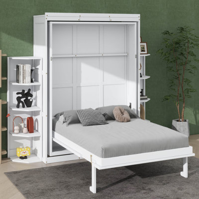 Grand lit escamotable rotatif avec unité murale cachée, double étagère latérale à 3 niveaux, bureau, supports de rangement supplémentaires, armoire de lit murale