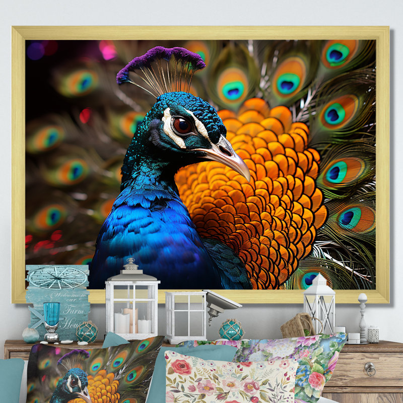 Majestic Colorful Peacocks Harmony sur toile, Cadre photo doré simple, H 34 po x l 44 po x P 1,5 po