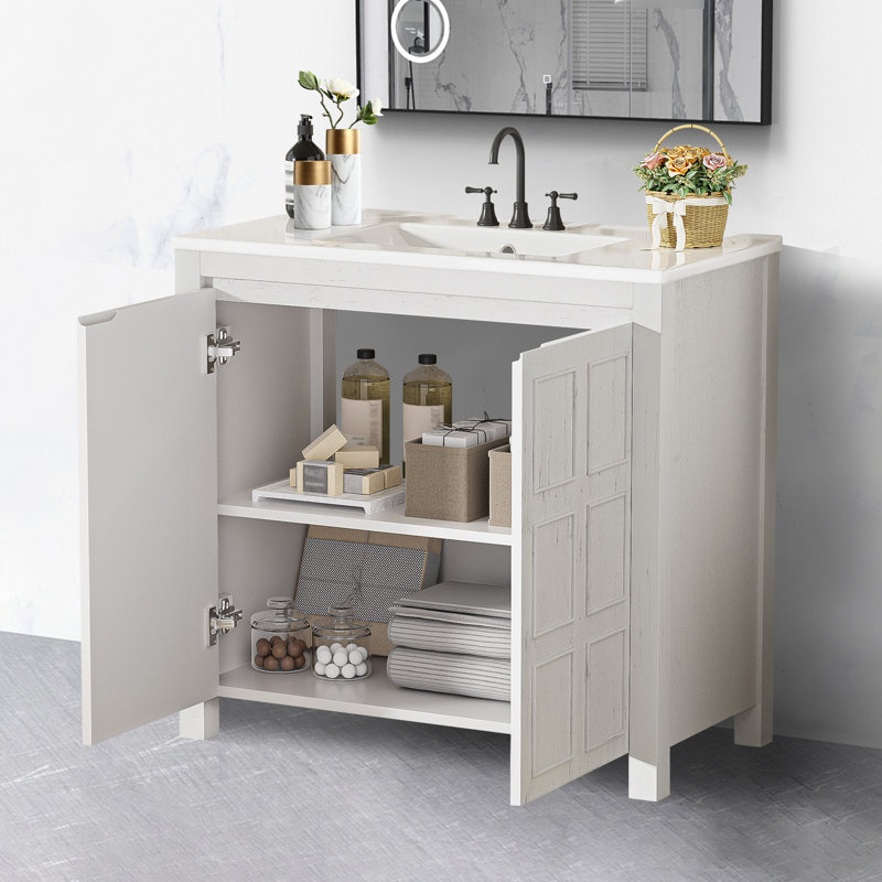 Meuble-lavabo 36 po avec lavabo en céramique, Blanc antique