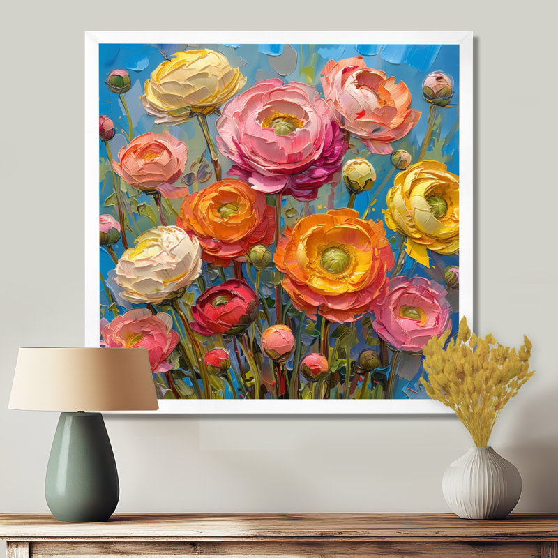 Rose, orange, orange, été, prairie I - Renoncule, art mural, salon, H 36 po x l 36 po, Cadre flottant brun