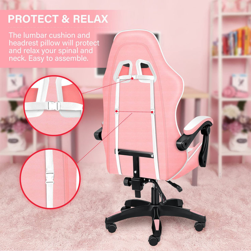 Inbox Zero Adjustable Reclining Ergonomic Swiveling PC & Racing Game Chair, Pink