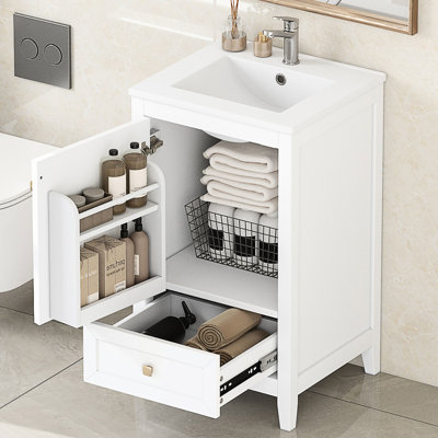 Meuble-lavabo blanc de 20 po avec lavabo, porte à fermeture douce, support de rangement, tiroir, tableau de haute qualité, finition peinte, forme rectangulaire, montage autoportant, installation de lavabo simple de 20 po en blanc