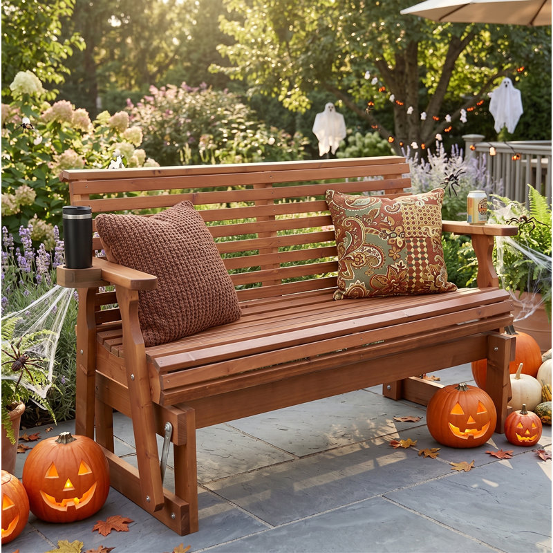 Banc oscillant en bois avec mouvement coulissant et porte-gobelets, brun cèdre, Cèdre