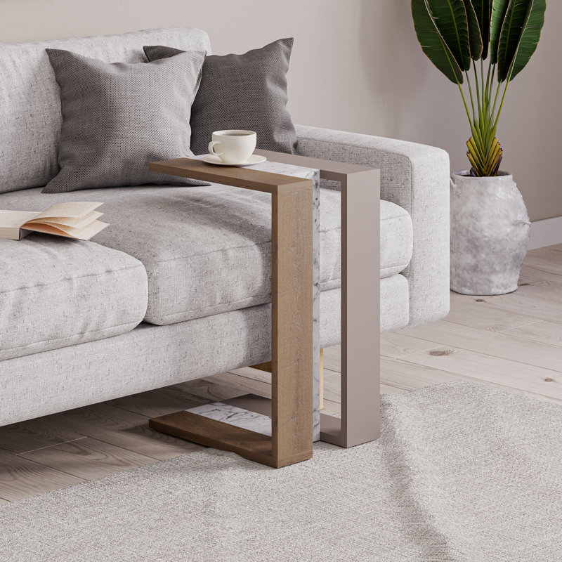 Madelyn Modern Compact C Shape Side Table, Oak/Whte Marble/Light Mocha