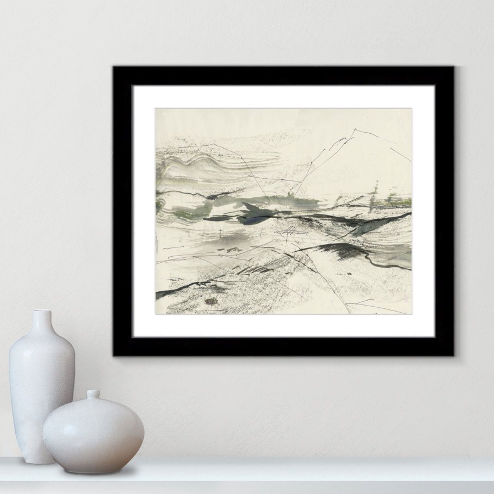 Green Sketches Print by PI Studio, 23" H x 27" W x 1.25" D, Black Cube Picture Framed, White