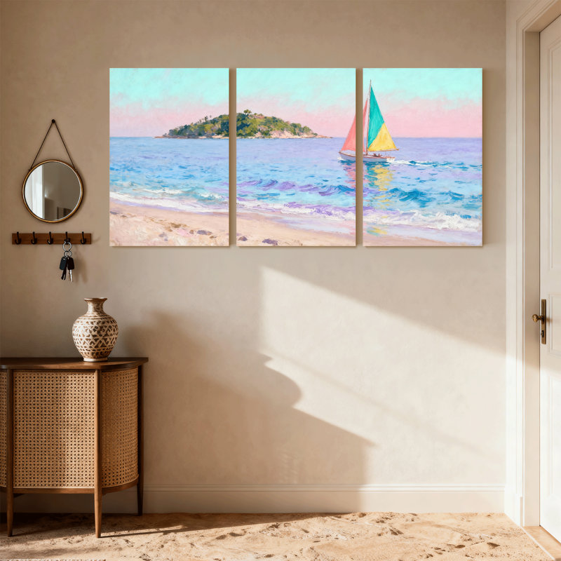 Plage, plage, voilier, île, ciel, eau, sable, vagues, coucher de soleil, ensemble de 3 impressions sur toile