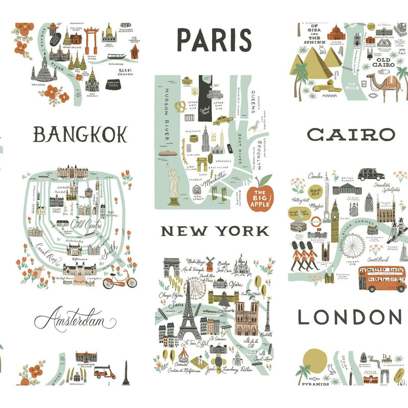 City Maps 20' L x 27" W Peel and Stick Wallpaper, Mint