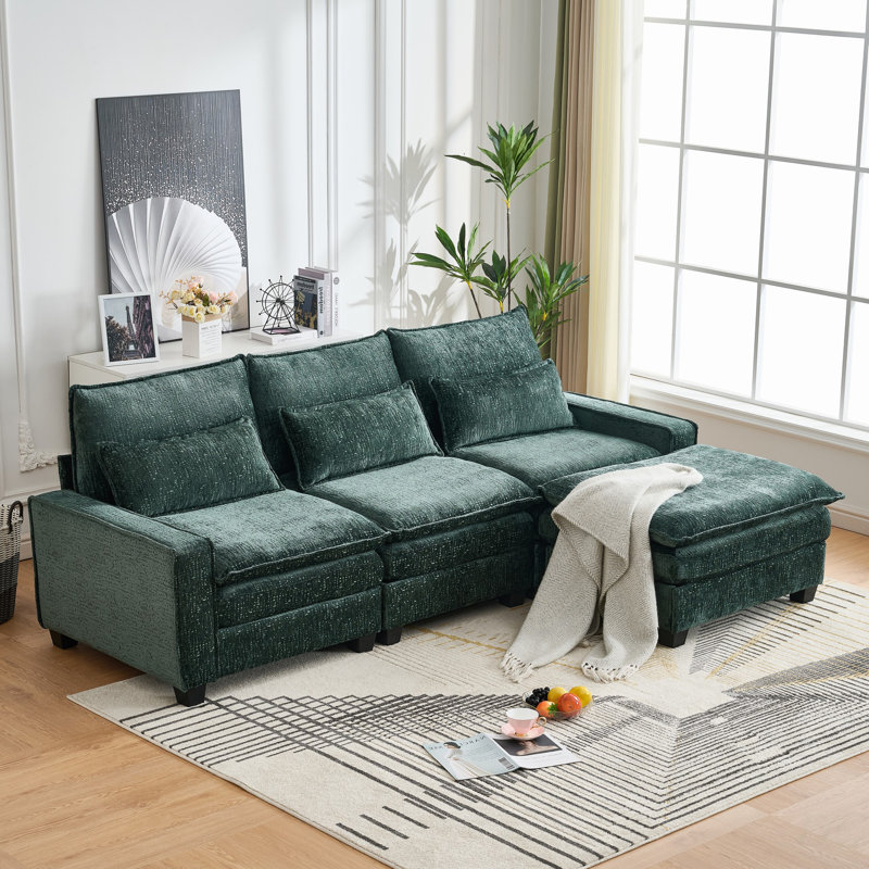 Canapé modulaire confortable en forme de L 99 po Chenille, Green Chenille