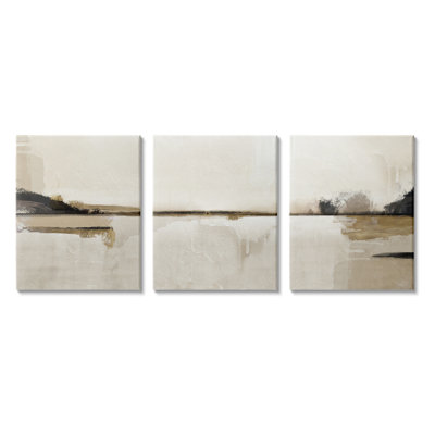 Abstract Beige Landscape 3 Piece White Framed Giclee Art Set by Ros Ruseva