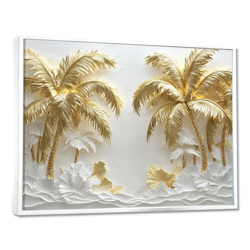 Art mural pour salon Clodovea crème dorée sur la plage II - palmiers et palmiers, H 30 po x l 40 po, Blanc