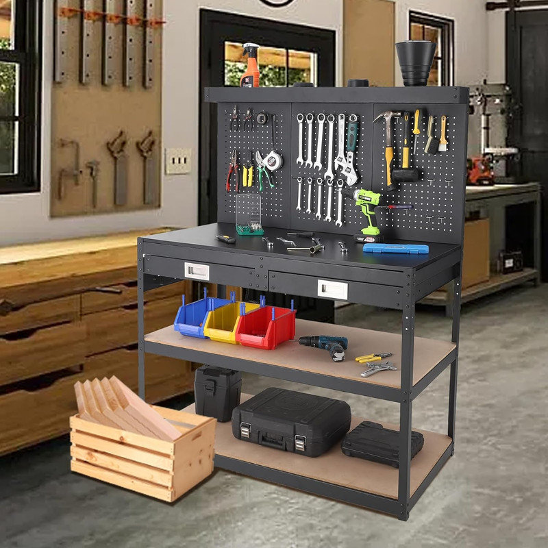 3-Tier Workbench with 2 Drawers & Pegboard, Work Table with Power Outlets