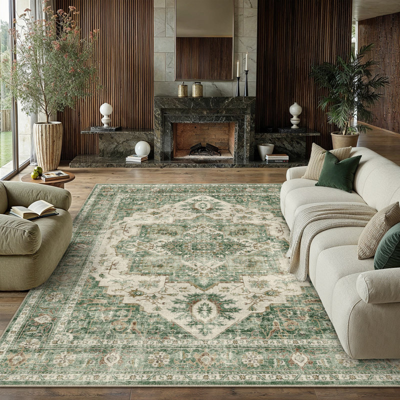 Tapis vert Artisanal avec lavable à la machine et antidérapant, Vert, Rectangulaire 8 pi x 10 pi