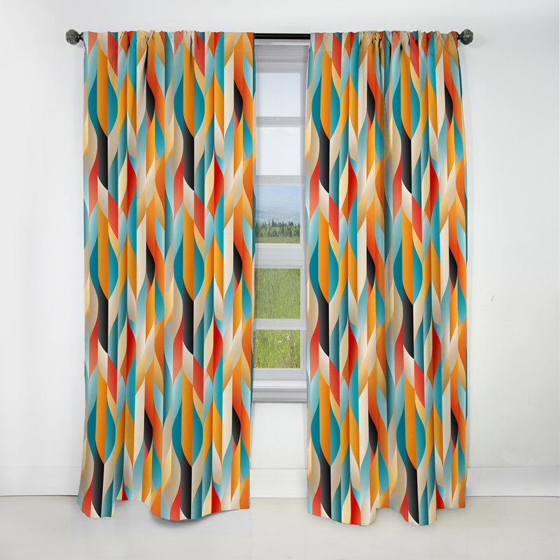 Rideau occultant orange et turquoise rétro Revival, L 52 po x L 95 po