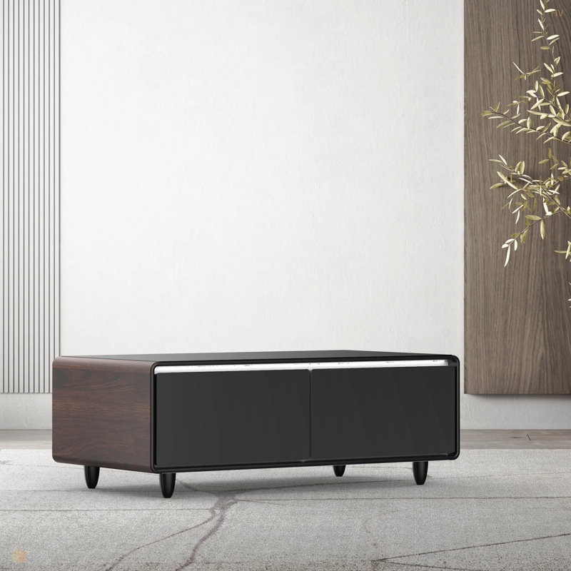 Table basse moderne et intelligente avec réfrigérateur intégré, haut-parleur Bluetooth, module de charge sans fil, panneau de commande tactile, prise de courant, port USB, protection pour prise de courant, lumière d'ambiance