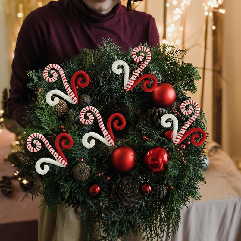 6 pièces de choix d'arbre de Noël rouge / vert - bonbons en laine bouclés pour arbre de Noël, décoration, bureau à domicile, vase et décorations de fête (rouge)