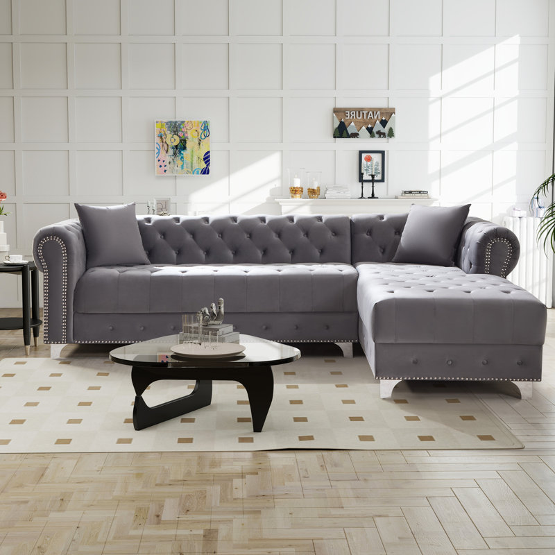 112.6'' Wide Traditional Tufted Sectional Sofa Chaise with Nail Trim & 2 Pillows, Dark Gray