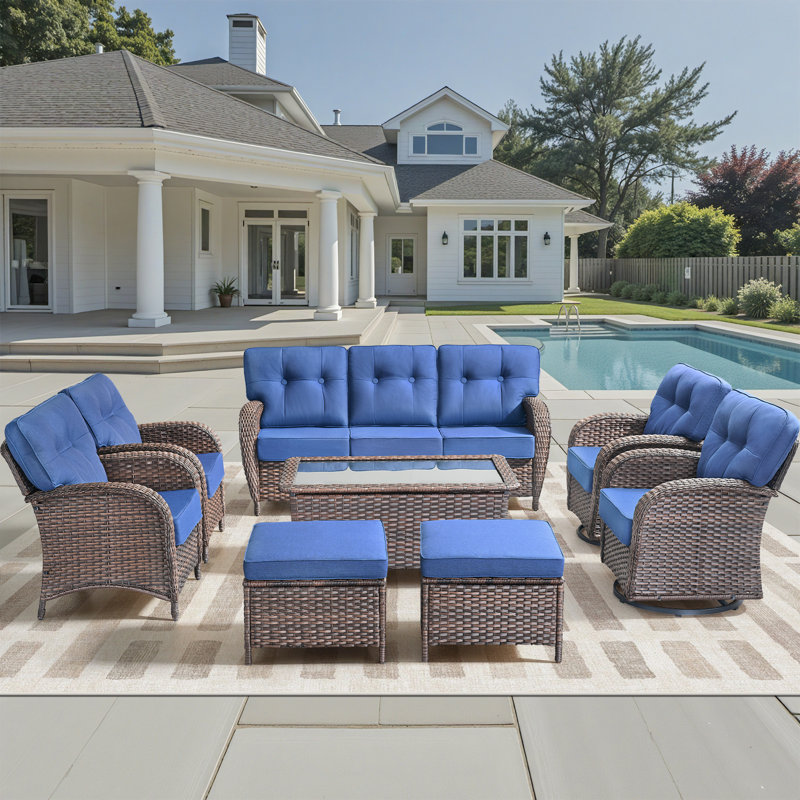 Ensemble de mobilier d'extérieur 8 pièces avec chaises pivotantes toutes saisons, Bleu