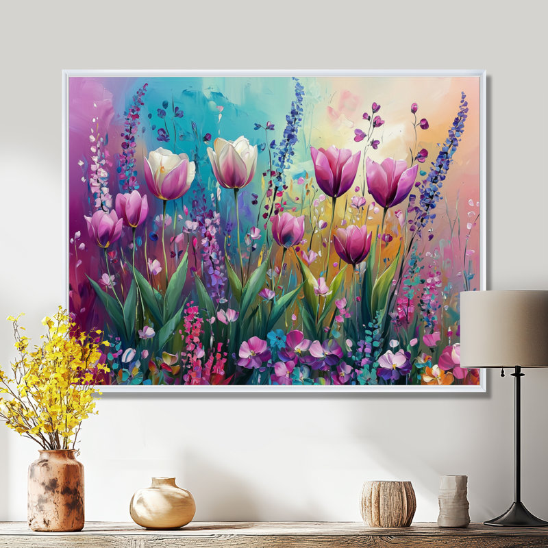 Iolia Fantasy, lavande et tulipes champ II - tulipes, art mural, H 34 po x l 44 po, Impression encadrée flottante, Blanc