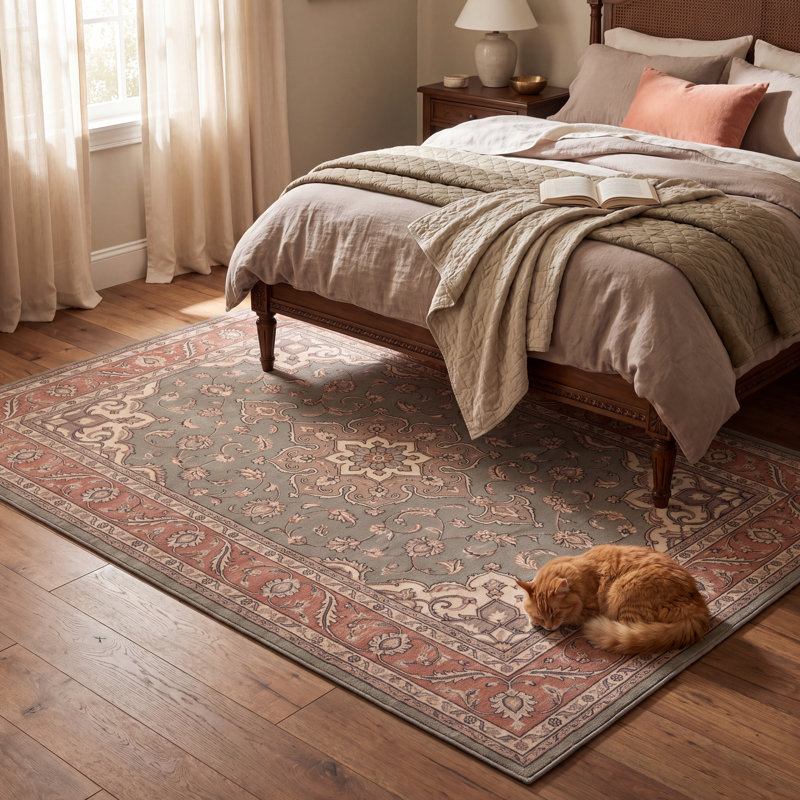 Tapis Foglight traditionnel à médaillon, style persan, vert, beige, gris, crème, antidérapant, à poils courts, pour l'intérieur et l'extérieur, adapté aux animaux domestiques, salon, chambre, salle à manger, entrée, couloir, bureau, taupe, cuisine, idéal pour les zones de passage intensif, facile à nettoyer, imprimé, ultra doux, à bords ourlés et lavable.