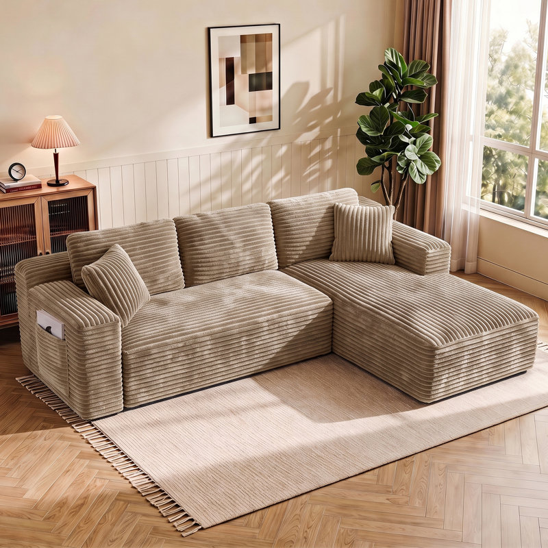 Canapé d'angle en velours côtelé en forme de L avec méridienne, Marron foncé, Orienté à droite