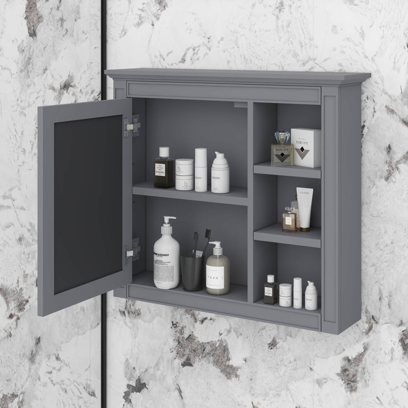 Armoire de rangement murale pour salle de bain, armoire murale moderne avec miroir, 3 tablettes ouvertes, Gris