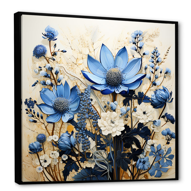 Bouquet de fleurs bleues et de fleurs blanches - Bonnets bleus FL107251, H 36 po x l 36 po x P 1,5 po, Noir
