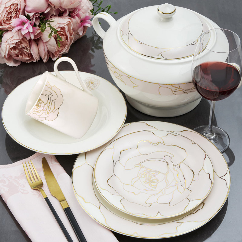 Service de table en porcelaine tendre 18 pièces Gormley, service pour 6, Rose