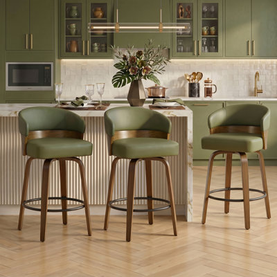 Mid-Century Modern Walnut Bentwood Swivel Bar Stool With Thick Cushioned Seat & 350 Lbs Capacity(Set Of 3)