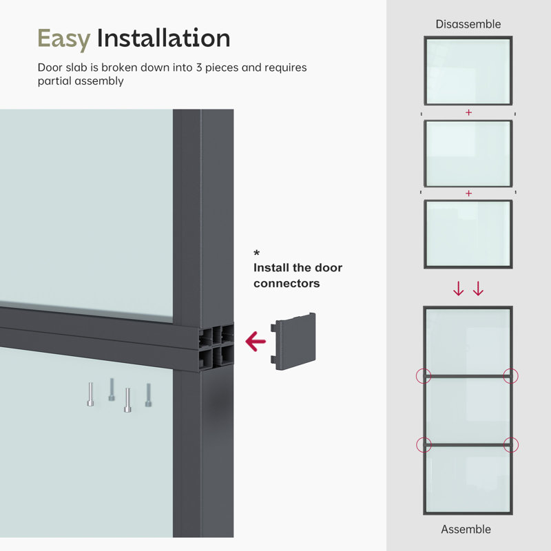 Black Aluminum and Frosted Glass Sliding Barn Door with Hardware Kit